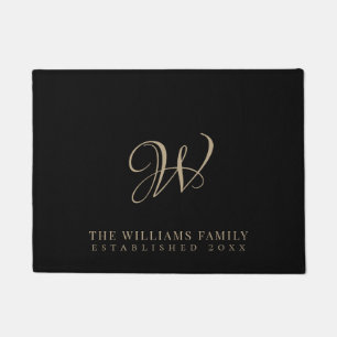 Felpudo Monograma familiar Elegante Script Negro