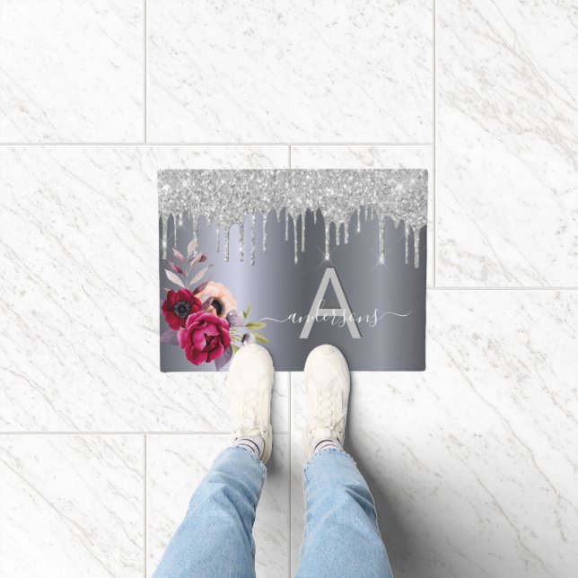 Felpudo Monograma floral de bienvenida purpurina de plata  (Interior)