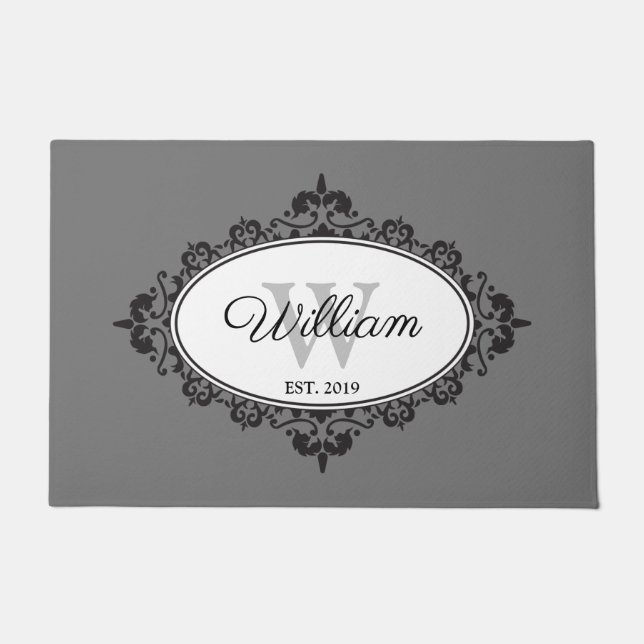 Felpudo Monograma minimalista de damasco blanco y negro (Anverso)