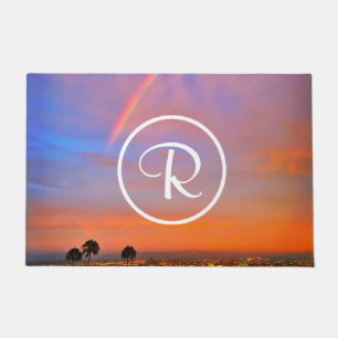 Felpudo Monograma Naranja Blue Sunset Rainbow Photo Modern
