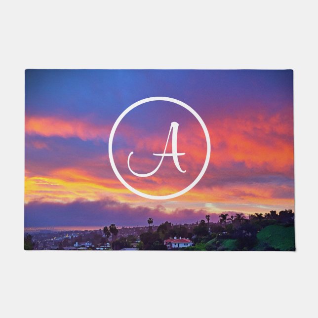 Felpudo Monograma Naranja Blue Yellow Sunset Coastre Foto (Anverso)