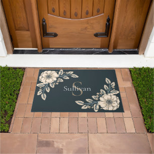 Felpudo Monograma Oxford Blue Gold Flores elegantes