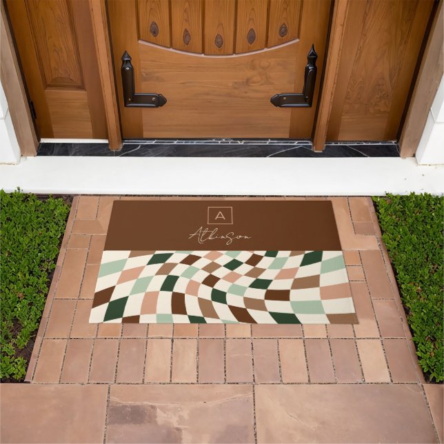 Felpudo Monograma personalizado Boho Warped Checkerboard (Exterior)