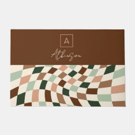 Felpudo Monograma personalizado Boho Warped Checkerboard