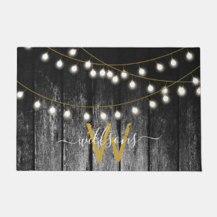 Felpudo Monograma Rústico Barn Black Wood Gold String Luce