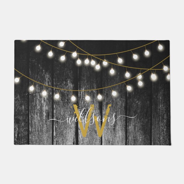 Felpudo Monograma Rústico Barn Black Wood Gold String Luce (Anverso)