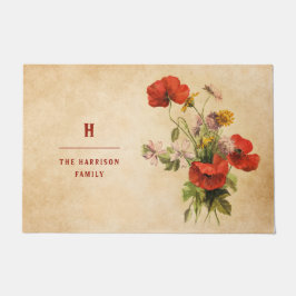 Felpudo Monograma Rústico Vintage Bouquet Rojo Poppies Bei