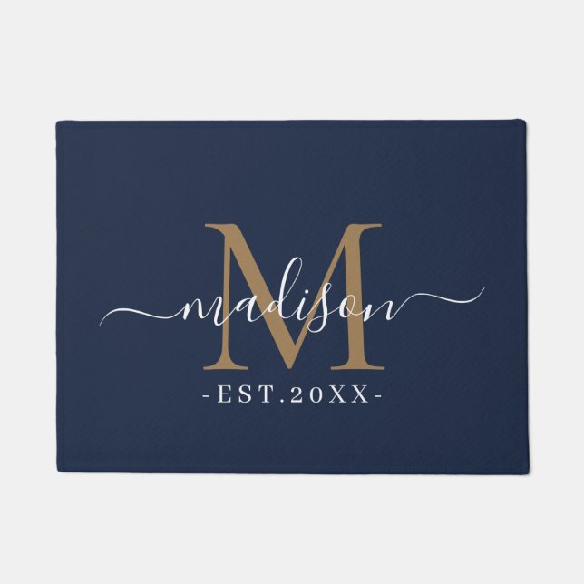 Felpudo Monograma Script Nombres Moda Boda de oro Fecha Na (Anverso)