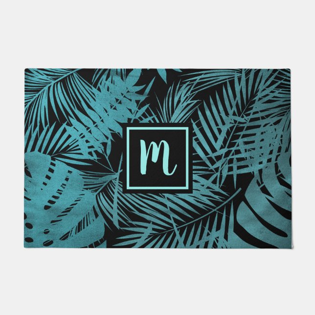 Felpudo Monograma turquesa patrón de palma tropical modern (Anverso)