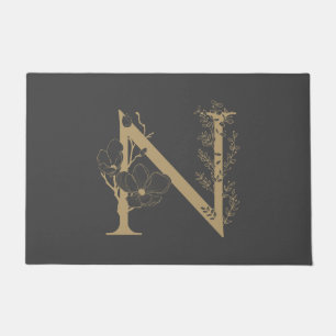Felpudo Monogramado Inicial Elegante Floral Oro Negro "N"