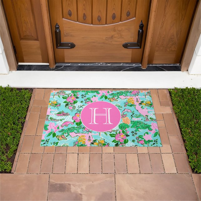 Felpudo Monogramo del patrón de Playa de Palm Preppy Mapa  (Exterior)