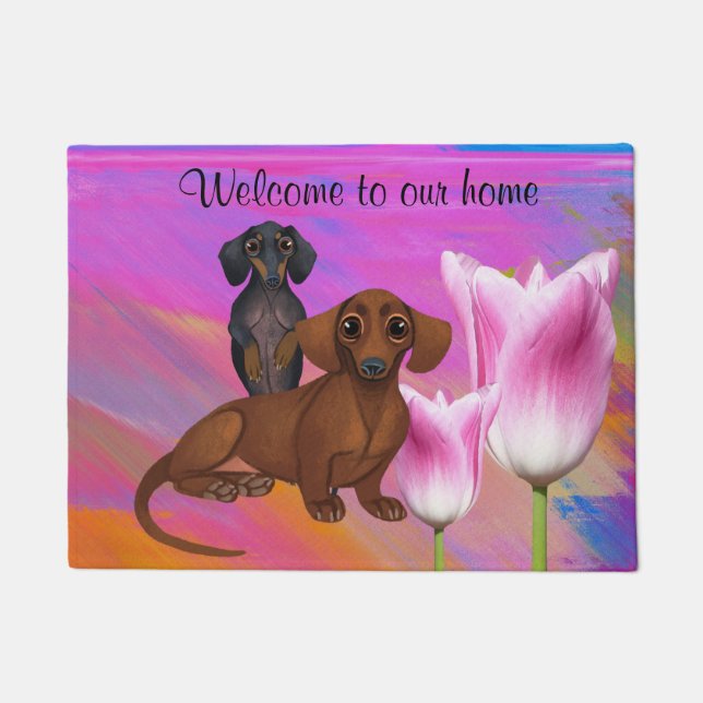 Felpudo Morado Dachshund Springtime Mat (Anverso)
