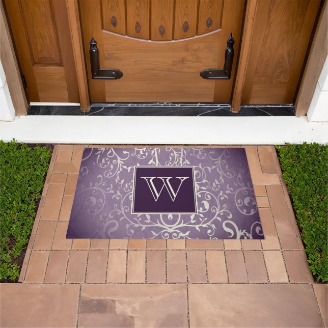 Felpudo Morado elegante floreciente Monograma Doormat (Exterior)