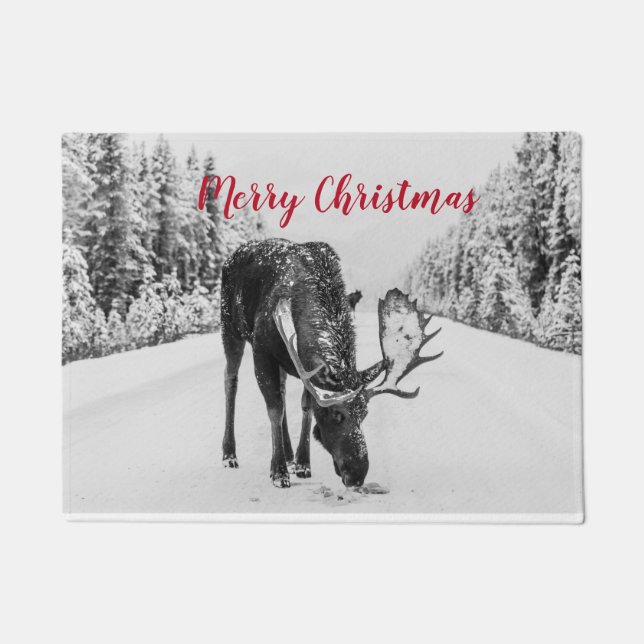 Felpudo Morerry Christmas Moose In Snow (Anverso)