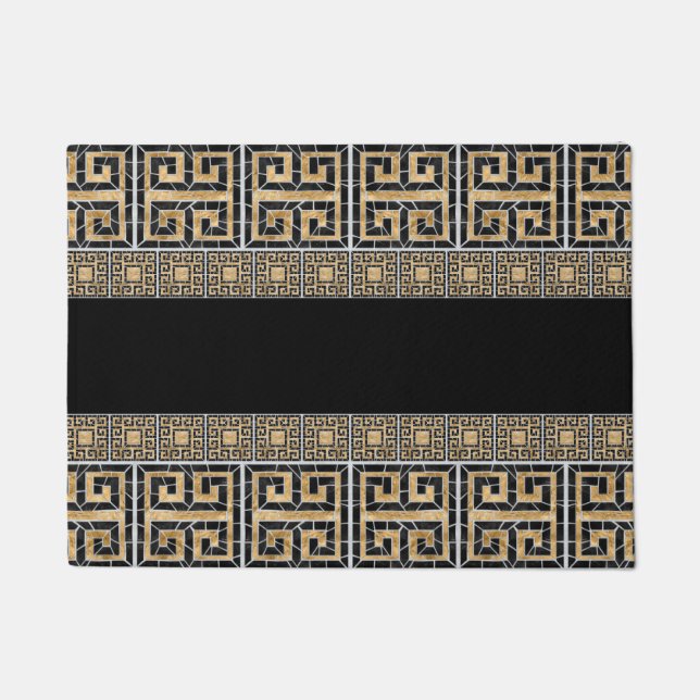 Felpudo Mosaico de mosaico roto griego negro y oro (Anverso)