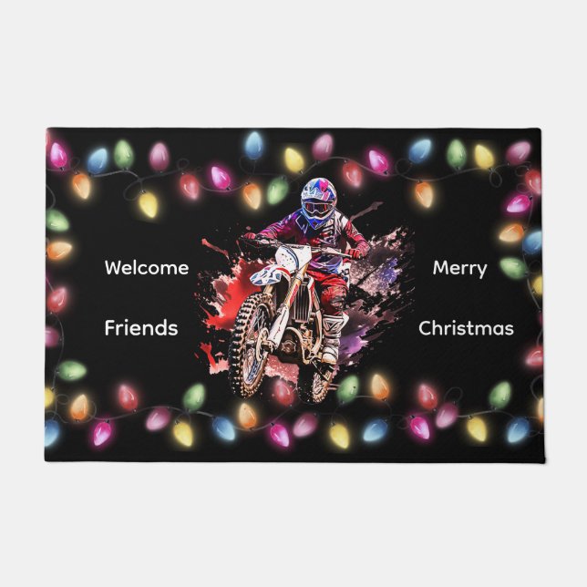 Felpudo Motocross Christmas Welcome Friends Doormat (Anverso)