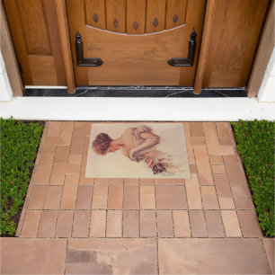 Felpudo Mujer bonito sosteniendo un gatito (por Harrison F