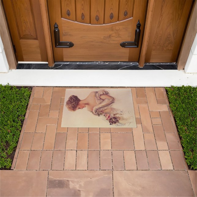 Felpudo Mujer bonito sosteniendo un gatito (por Harrison F (Exterior)