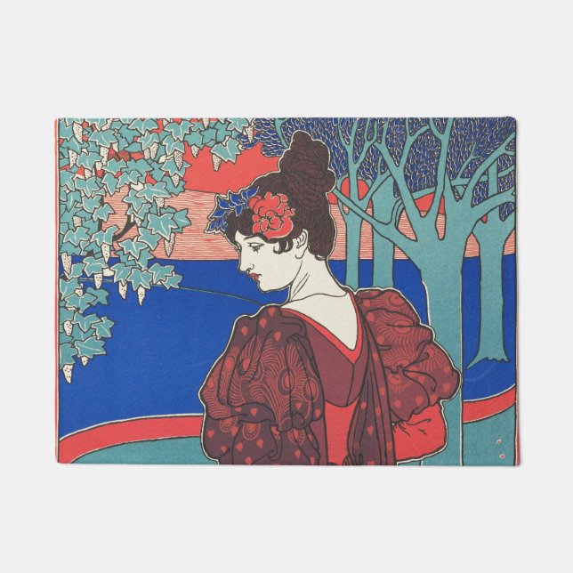 Felpudo Mujer con pavos reales Bella Artes Art Nouveau (Anverso)