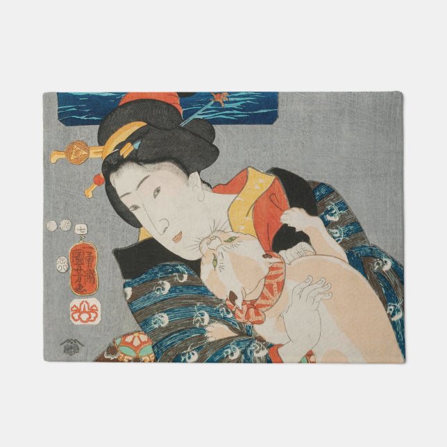 Felpudo Mujer jugando con la imagen japonesa de gato (Anverso)