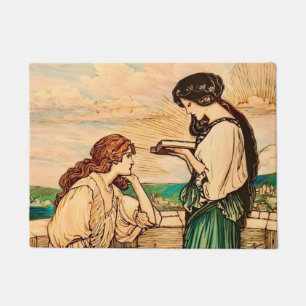 Felpudo Mujeres Vintage Art Nouveau leyendo junto al mar