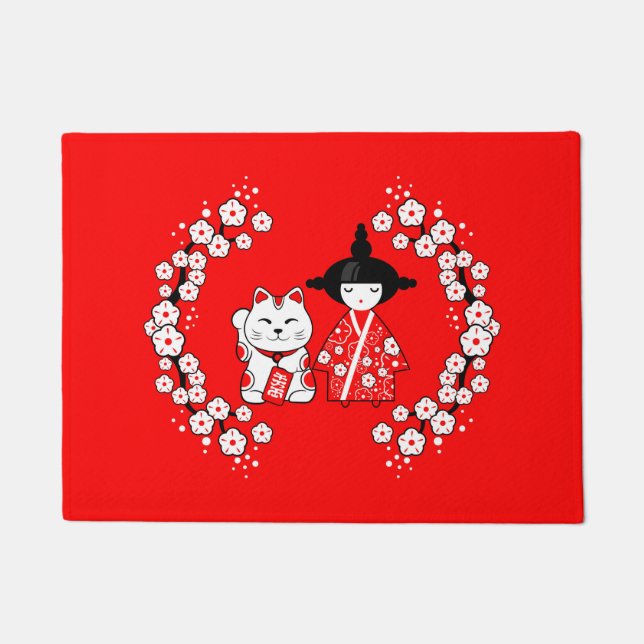 Felpudo Muñeca japonesa - Gato Kokeshi y Maneki Neko (Anverso)