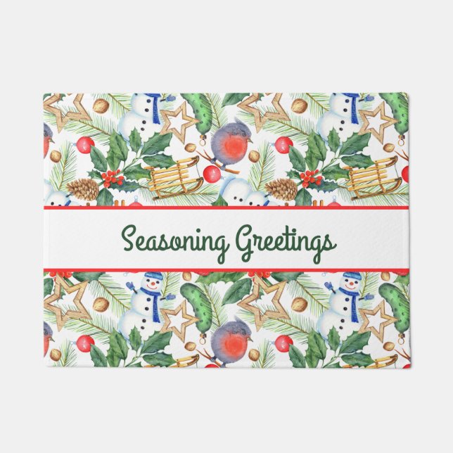 Felpudo Muñeco de nieve de Navidad, piñas, acebo (Anverso)