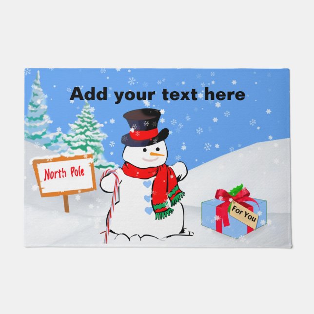 Felpudo Muñeco de nieve y regalo de Navidad sonrientes (Anverso)