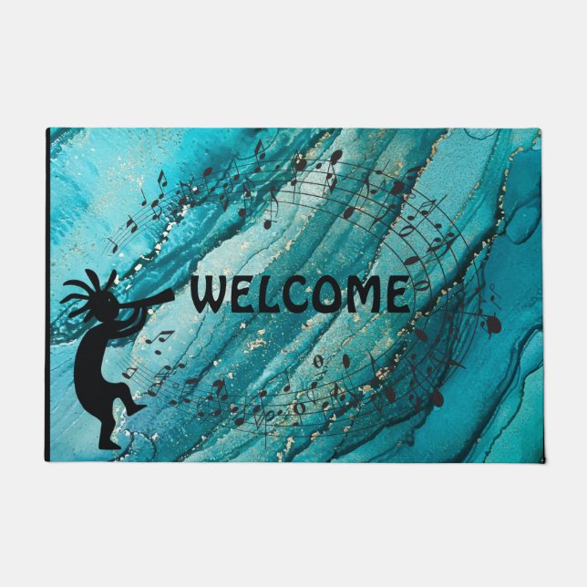 Felpudo Música Turquesa Suroeste Kokopelli Doormat (Anverso)