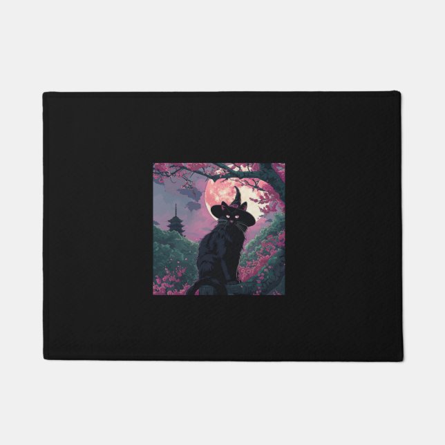 Felpudo Mystical Sakura Black Cat Witch Gorra para Hallowe (Anverso)