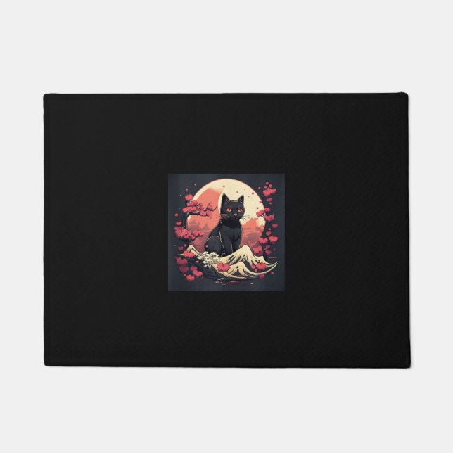 Felpudo Mystical Sakura Night_ Black Cat con Luna llena (Anverso)