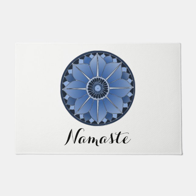 Felpudo NAMASTE Flor Azul Espíritu Lotus Mandala Blanco (Anverso)