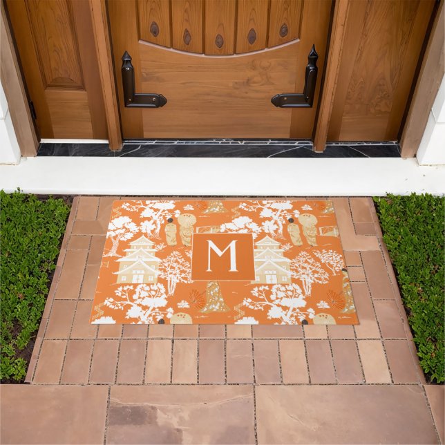Felpudo Naranja Chinoiserie Pagodas Monograma (Exterior)