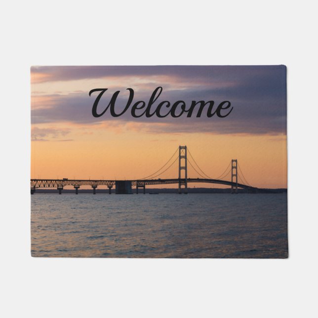 Felpudo Naranja Dusk Mackinac Bridge Welcome Doormat (Anverso)