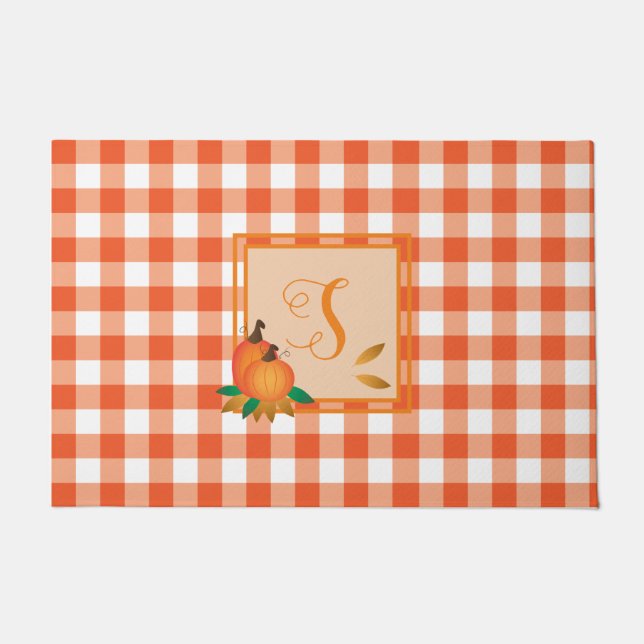 Felpudo Naranja Gingham Pattern Fall Monograma Doormat (Anverso)