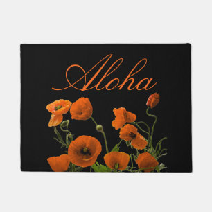 Felpudo Naranja negro floral de la flor hawaiana del