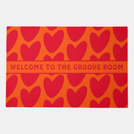 Felpudo Naranja retro y corazones rojos groovy