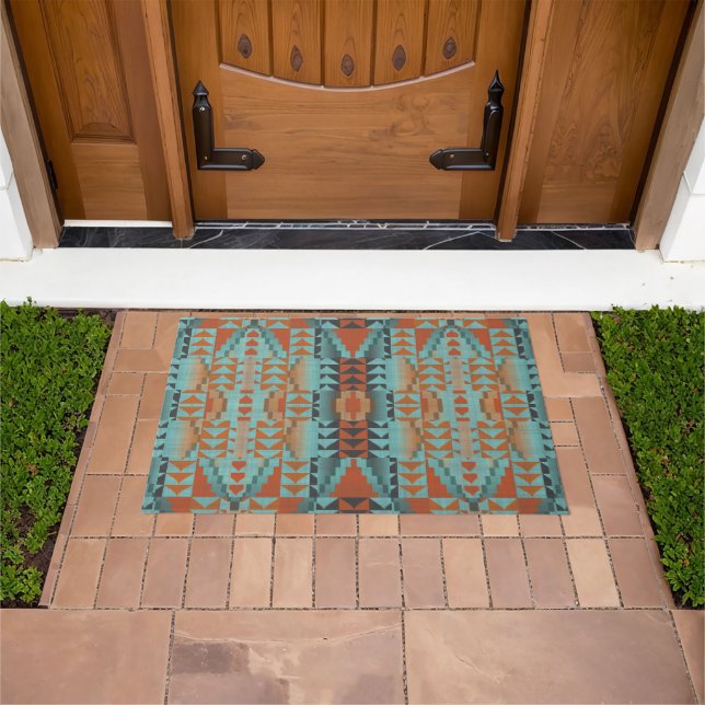Felpudo Naranja Rust Brown Turquoise Arte Tribal Azul Verd (Exterior)