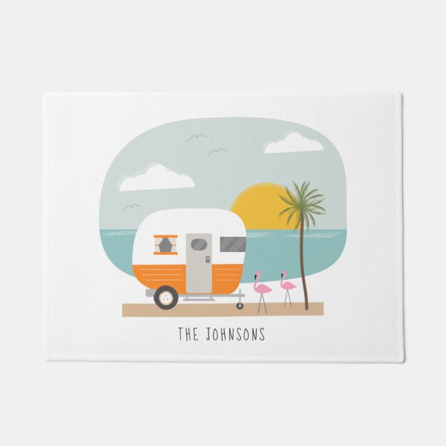 Felpudo Naranja Vintage Camper Beach Flamingos (Anverso)