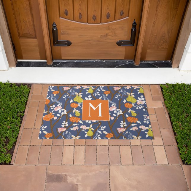 Felpudo Naranja y azul Chinoiserie Birds Monograma (Exterior)