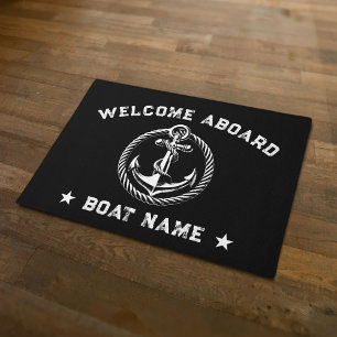 Felpudo Nautical Anchor de bienvenida negra a bordo nombre