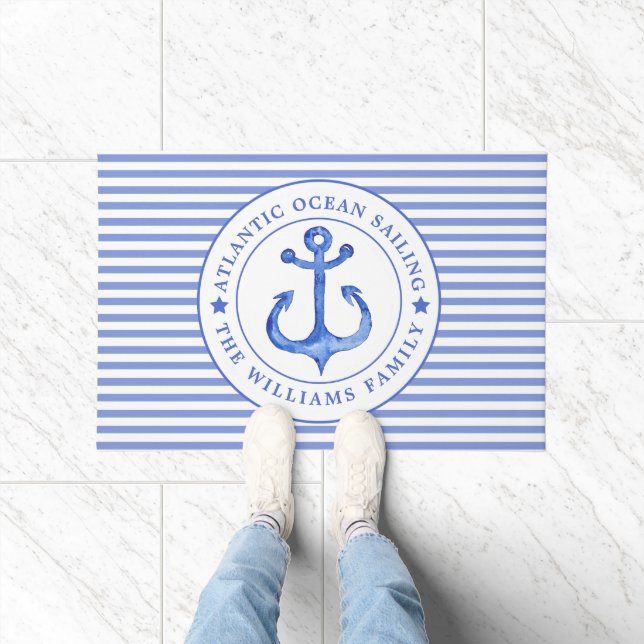 Felpudo Nautical Anchor Navy Blue Striped Personalizado (Interior)