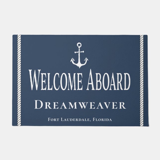 Felpudo Nautical Blue Welcome Yacht Bote Nombre Anchor (Anverso)