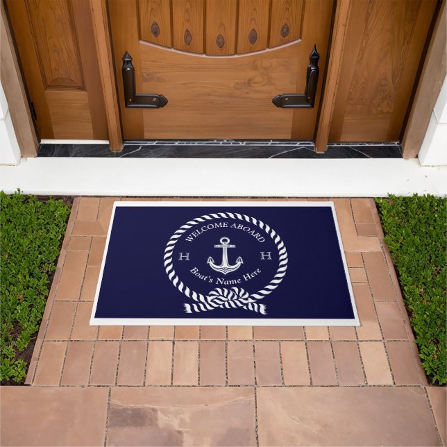 Felpudo Nautical Boat Name Anchor Dark Navy Blue Welcome (Exterior)