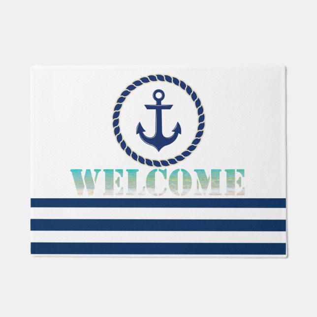 Felpudo Nautical Boat Name,Anchor Naval Blue Stried (Anverso)