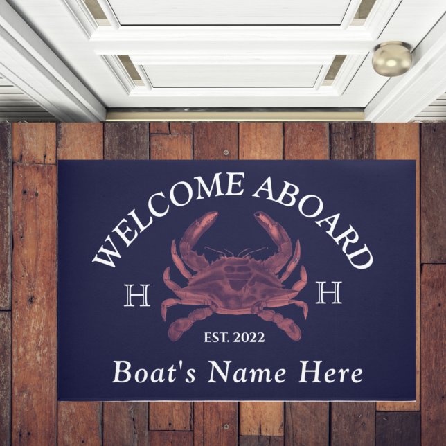 Felpudo Nautical Boat Name Red Crab Welcome Navy Blue (Subido por el creador)