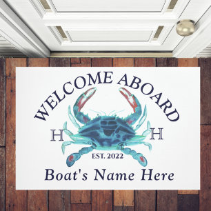 Felpudo Nautical Boat Name Verde azulada Crab Welcome Navy