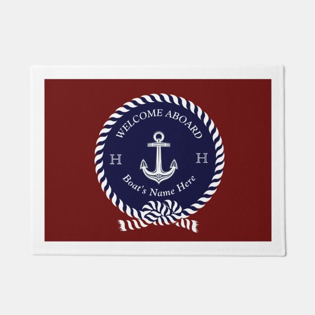 Felpudo Nautical Bote Name Anchor Rope Navy Blue Maroon (Anverso)