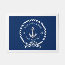 Felpudo Nautical Bote Name Anchor Rope Navy Blue Welcome