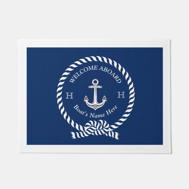 Felpudo Nautical Bote Name Anchor Rope Navy Blue Welcome (Anverso)